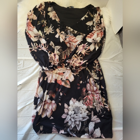 Eclipse Black and Pink Floral Long Sleeve Dress, Size Large - Picture 3 of 5